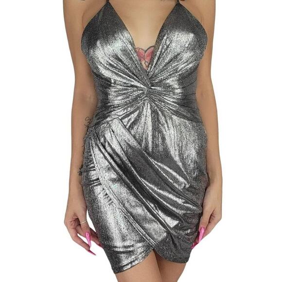 Sheike V-Cut Silver Bodycon Twist Knot Waistline Mini Dress Women's 8 metallic - Picture 2 of 16